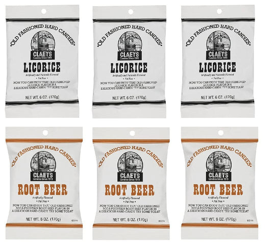 Claeys Old Fashioned Hard Candy - Variety 6 Pack - Licorice and Root Beer - 3 of Each Flavor
