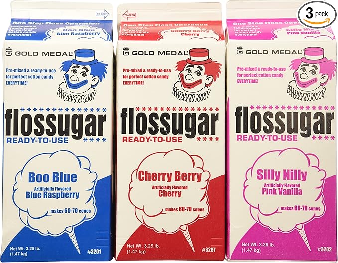 Cotton Candy Floss Sugar-Blue Raspberry, Pink Vanilla & Cherry- 3.25 lbs. (3 pack)