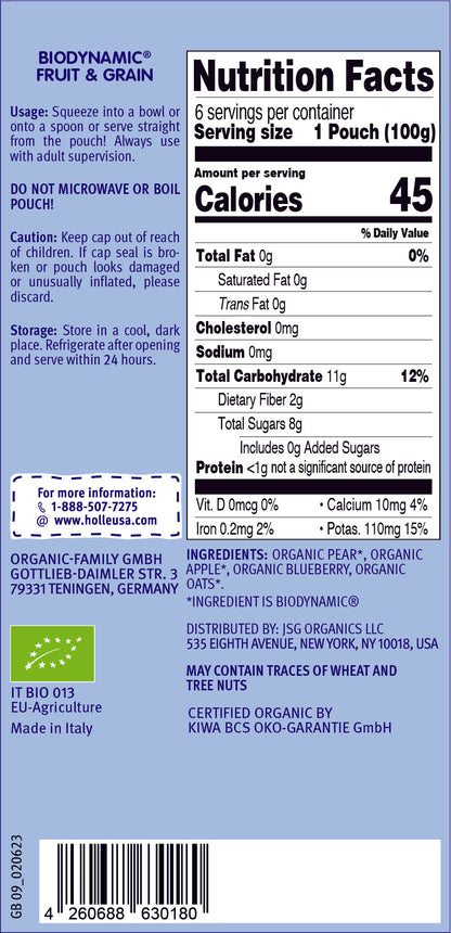 Blue Bird - 6 pouches-  pear, apple, blueberries, oats