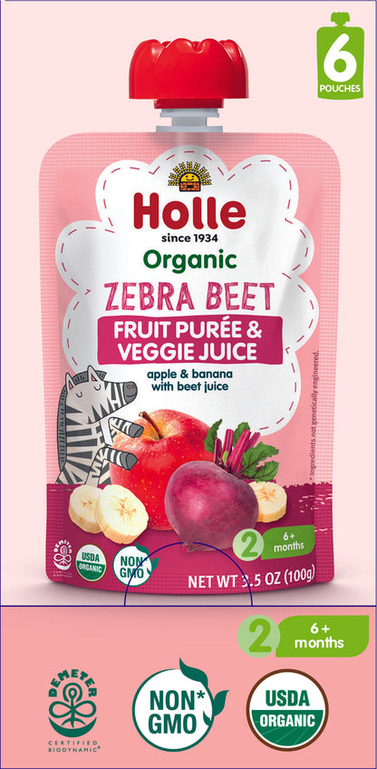 Holle Baby Food 6 Pouches - Organic Fruit & Veggie Puree - Zebra Beet