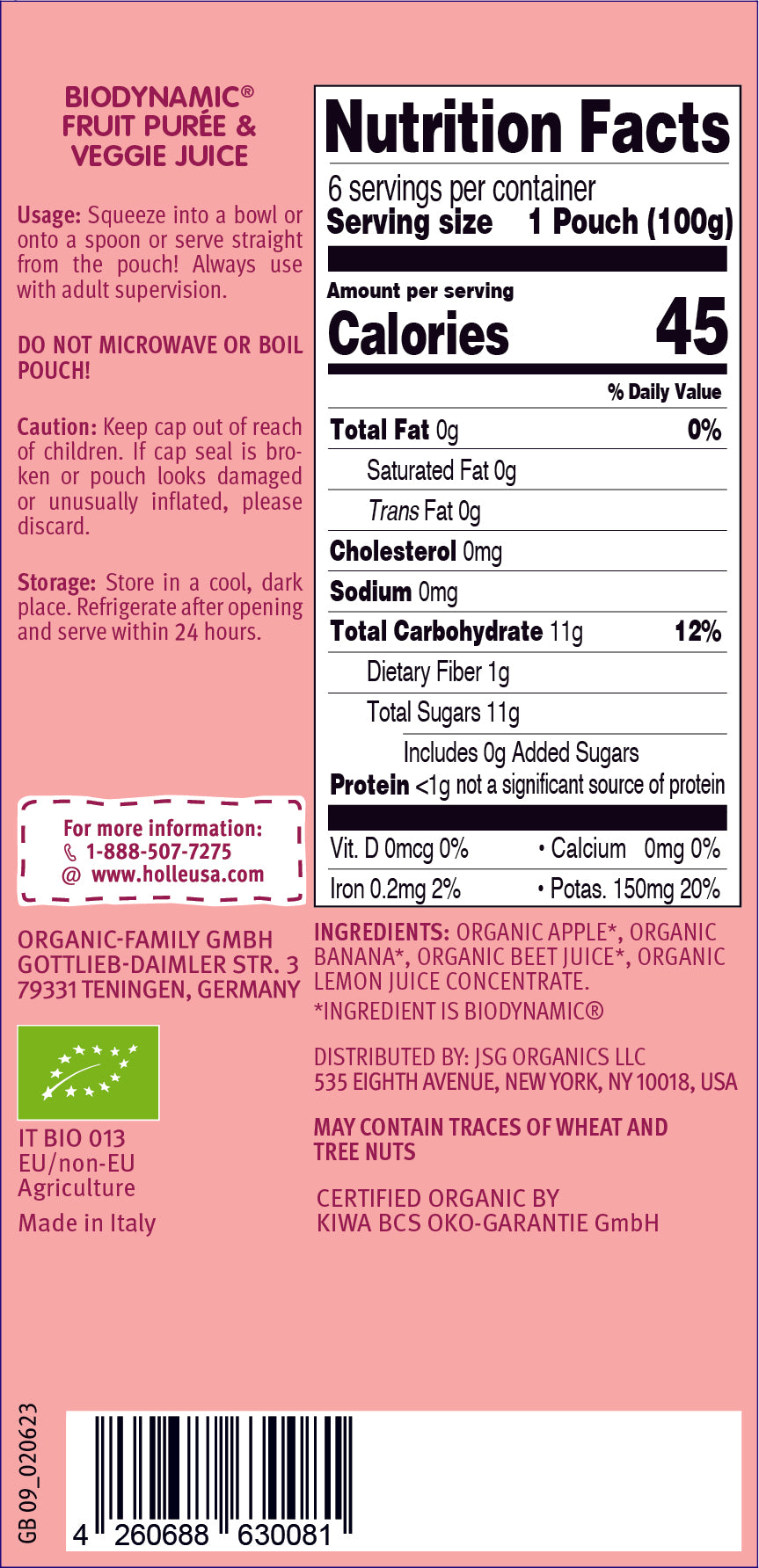Holle Baby Food 6 Pouches - Organic Fruit & Veggie Puree - Zebra Beet