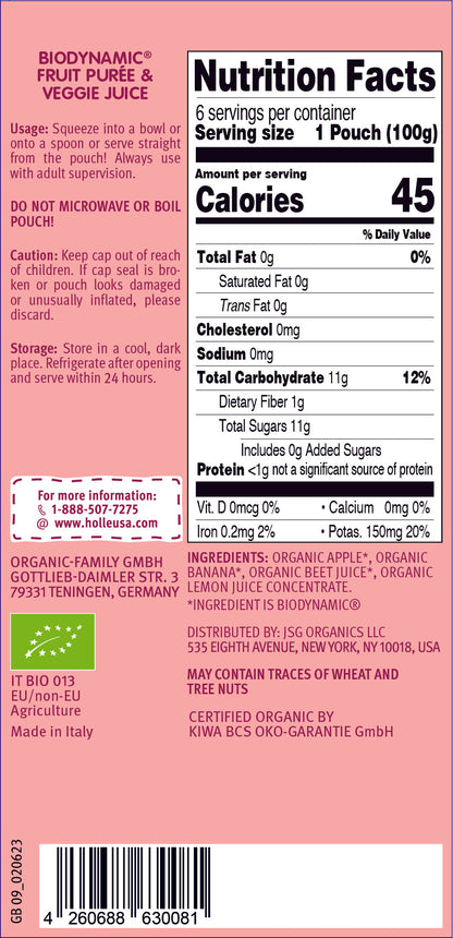 Holle Baby Food 6 Pouches - Organic Fruit & Veggie Puree - Zebra Beet